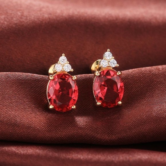 🔥 Beautiful Big Red Oval Zircon 14K Gold Plated Stud Earrings for Women,… - Picture 1 of 2